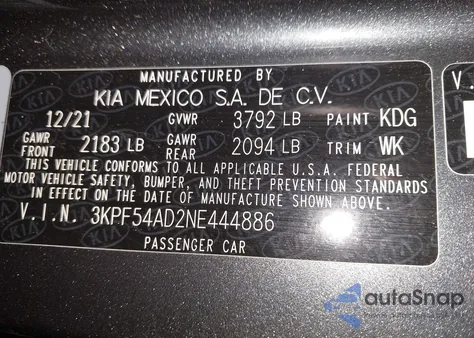 2022 Kia Forte Gt-Line из США, поврежденный, VIN 3KPF54AD2NE444886